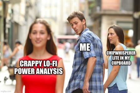 Distracted Boyfriend meme with him looking at Crappy Lo-Fi Power Analysis, not the Chipwhisperer Lite in my cupboard