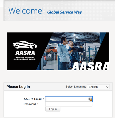 Screenshot of the Hyundai Global Service Way AASRA login page