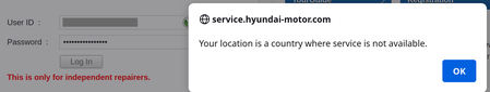 Screenshot of Hyundai Global Service Way login dialog "Your location is a country where service is not available"