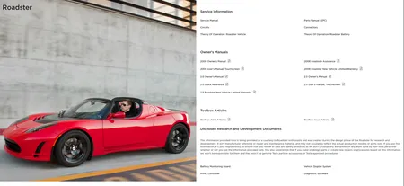 Screenshot of the Roadster service page
