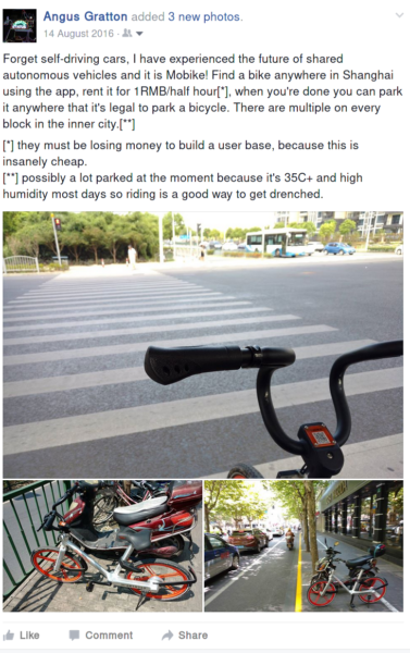 Facebook post extolling virtues of Mobike