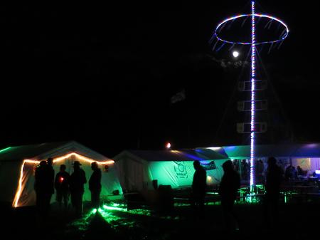 Night-time tents at SHA2017 with lots of EL lighting strips and LEDs