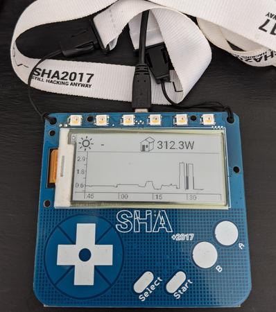 SHA2017 badge with USB cable attached at the top